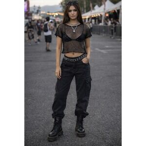 Black Beaded Crochet Mesh Top Short Sleeve Sheer Festival Rave Grunge Shirt goth